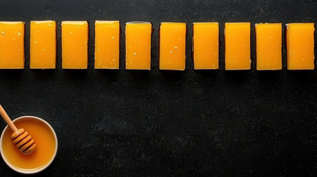 A visually appealing arrangement of bright orange dessert bars next to a bowl of honey, perfect for culinary displays or food-related projects.の素材