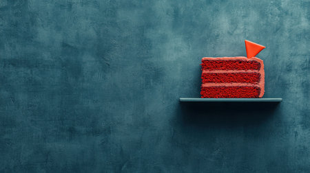 A vibrant red velvet cake slice adorned with cream topping, placed elegantly on a gray background, ideal for celebrating special moments or events.の素材