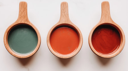 A stunning arrangement of colorful paints in wooden bowls on a marble surface, perfect for creative projects and artistic inspiration. Bright colors enhance any artistic workspace.の素材