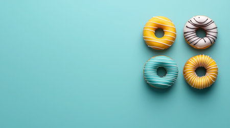A vibrant arrangement of colorful donuts on a bright blue background, perfect for showcasing pastries in sweet treat promotions or candy-themed events.の素材