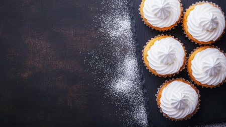 A delightful arrangement of beautifully frosted cupcakes on a slate board, complemented by a sprinkle of sugar, ideal for dessert lovers and food photography.の素材