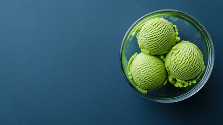 Beautifully arranged green melon sorbet scoops create an appealing dessert display in a clear bowl against a dark blue background.の素材
