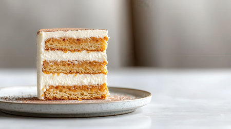 A beautifully presented slice of layered cake with creamy frosting on a stylish plate, perfect for showcasing delicious dessert trends and culinary art.の素材