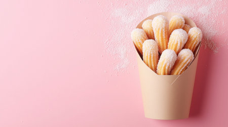A delightful arrangement of freshly made churros in a paper cone, dusted with sugar, set against a soft pink background, perfect for dessert lovers and food photography.の素材