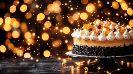 A delightful creamy cake decorated with vibrant orange toppings, set against a background of sparkling lights. Perfect for festive celebrations!の素材