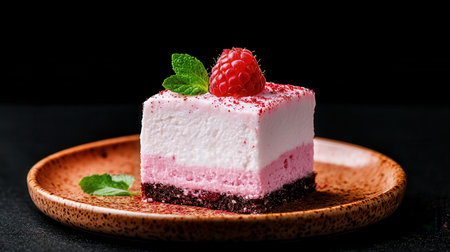 A tempting creamy raspberry dessert square sits elegantly on a brown plate, garnished with mint. Perfect for showcasing culinary creativity in still life.の素材