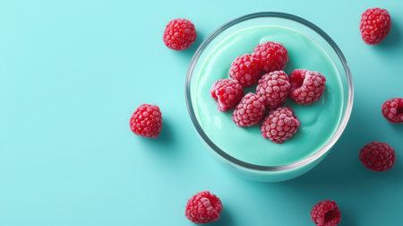 A visually appealing bowl of smooth mint cream topped with fresh raspberries, perfect for summer-themed desserts or healthy snacks, set against an aqua backdrop.の素材