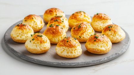 A tempting display of freshly baked cheese puffs on a round slate platter, garnished with green herbs for a savory snack or appetizer option.の素材