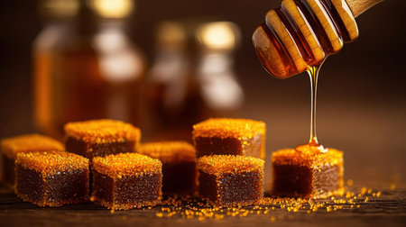 A closeup image showcasing honey dripping over vibrant sugar cubes on a rustic wooden surface, evoking warmth and sweetness in the kitchen.の素材