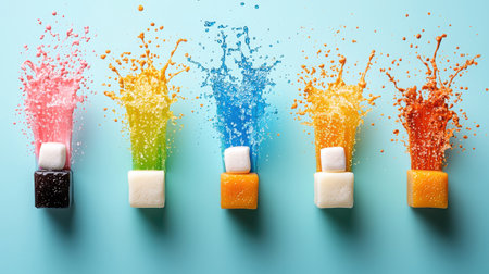 Vibrant soda explosions create an exciting scene with sugar cubes on a bright blue background. This playful image captures refreshing moments filled with joy.の素材
