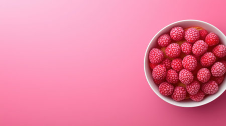 A vibrant display of fresh raspberries in a white bowl against a soft pink background, showcasing the beauty of healthy eating and fresh ingredients.の素材