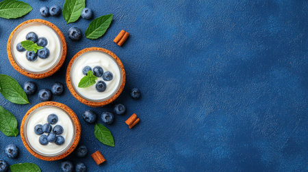 Indulge in these fresh blueberry desserts elegantly arranged with mint leaves and cinnamon. A colorful treat perfect for any occasion.の素材