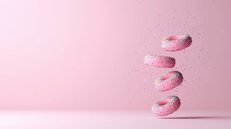 A captivating image of colorful flying donuts with sprinkles against a soft pink background, perfect for evoking joy and sweetness in any project.の素材