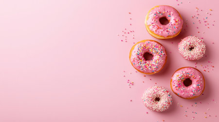 A vibrant arrangement of pink frosted donuts with colorful sprinkles on a soft pink background, perfect for food-themed projects, celebrations, or indulgent treats.の素材