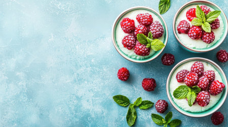 Delight in this fresh raspberry dessert served in bowls, featuring creamy texture and garnished with mint leaves. Ideal for summer gatherings or a sweet treat.の素材