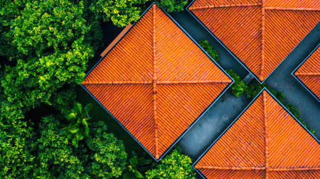 This stunning aerial view captures the vibrant orange rooftops nestled among lush green trees, showcasing a peaceful tropical landscape filled with natural beauty.の素材