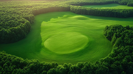 A stunning aerial view captures a lush green golf course nestled within a dense forest, bathed in warm sunset light. The perfect blend of nature and leisure awaits.の素材