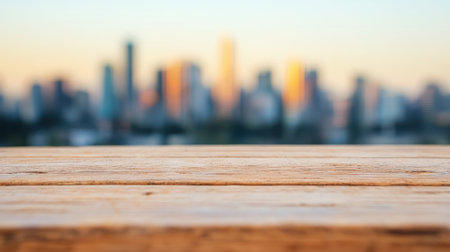 A serene blurry city skyline captured at sunset, featuring a wooden table in the foreground, perfect for overlay graphics and creative projects.の素材