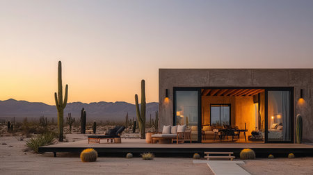 Experience tranquility in this modern desert home, featuring elegant architecture and a stunning sunset backdrop, perfect for relaxation and connection with nature.の素材