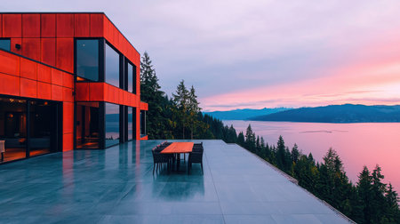 Captivating modern architecture showcases a stunning sunset view over a tranquil lake and mountains. The outdoor space invites relaxation and appreciation of nature.の素材