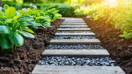 A serene wooden pathway meanders through a vibrant garden, surrounded by lush green plants and a warm glow of sunlight, inviting tranquility and connection with nature.の素材