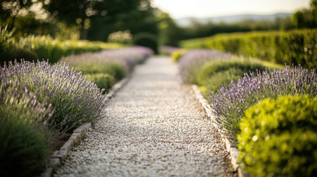 A serene lavender pathway winds through a lush garden, capturing the essence of tranquility and natural beauty. The soft morning light enhances the vibrant blooms.の素材