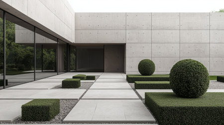 A minimalist outdoor courtyard showcasing clean lines, geometric shapes, and modern landscaping elements. Ideal for design inspiration and tranquil environments.の素材