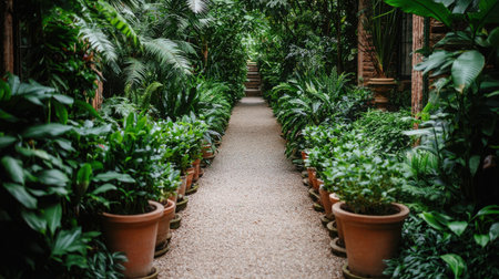 Explore a vibrant indoor garden with a serene pathway framed by lush tropical plants. This tranquil setting invites relaxation and connection with nature.の素材