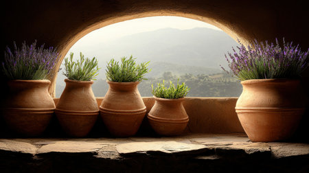 This captivating image features lavender plants in terracotta pots arranged by a curved window, showcasing a tranquil landscape and enhancing any calming atmosphere in homes or gardens.の素材