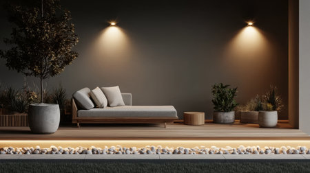 A serene outdoor setting featuring a cozy sofa, beautiful plants, and soft ambient lighting creating a calming atmosphere for relaxation.の素材