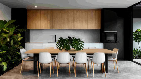 Discover a sleek modern kitchen interior featuring a beautiful wooden dining table surrounded by stylish chairs and vibrant plants, perfect for gatherings.の素材