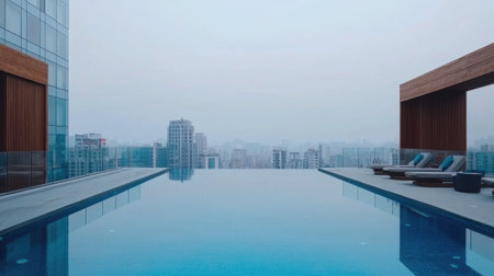 A stunning infinity pool captures a panoramic view of a foggy urban landscape, offering a serene escape. The modern architecture and tranquil setting create a perfect space for relaxation.の素材