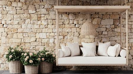 A cozy outdoor swing adorned with soft cushions, set against a rustic stone wall. Beautiful potted flowers enhance the serene ambiance, perfect for relaxation.の素材