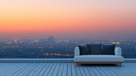 A cozy modern sofa is positioned in front of a breathtaking urban skyline at sunset. The colorful sky creates a serene and tranquil atmosphere perfect for relaxation.の素材