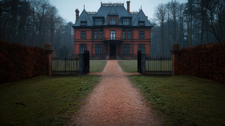 A stunning historic mansion stands majestically amidst a foggy forest at dawn, featuring a serene gravel pathway leading to its elegant entrance.の素材