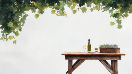 A rustic wooden table features a wine bottle, glass, and basket, surrounded by lush greenery. Perfect for outdoor dining, gatherings, or relaxation moments.の素材