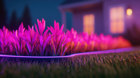 This vibrant image features neon flowers glowing in a garden at night, highlighting a cozy house in the background. Perfect for nature lovers.の素材