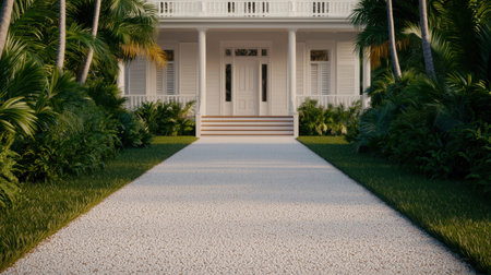 A charming white house with a welcoming entrance, surrounded by lush greenery and tall palm trees. This serene setting captures the essence of tranquil living in a tropical paradise.の素材