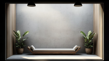A minimalist indoor lounge area featuring a wooden chaise, lush plants, and natural light creating an inviting atmosphere for relaxation and tranquility.の素材
