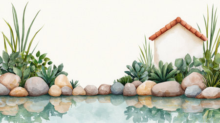 A serene garden scene featuring a reflection in calm water, rocks, lush plants, and a small house, perfect for evoking tranquility and harmony in nature.の素材