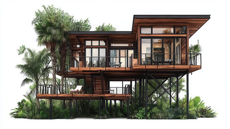 A stunning modern wooden house elevated on stilts, surrounded by vibrant tropical plants. This unique design harmonizes outdoor living with nature.の素材