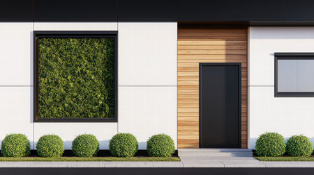 A sleek modern exterior design featuring a wooden door, minimal greenery, and clean lines, perfect for showcasing contemporary architecture in urban environments.の素材