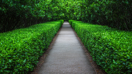 Explore a beautiful pathway lined with vibrant hedges, creating a serene and inviting atmosphere perfect for leisurely walks or moments of reflection.の素材