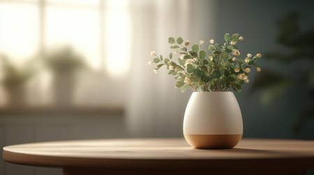 A serene scene featuring a minimalist pot with greenery placed on a wooden table, bathed in soft natural light near a window, creating a tranquil ambiance.の素材