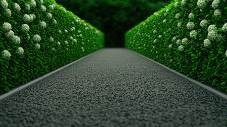A peaceful pathway is bordered by lush green hedges adorned with white flowers, creating a serene atmosphere perfect for relaxation and contemplation in a beautiful garden.の素材