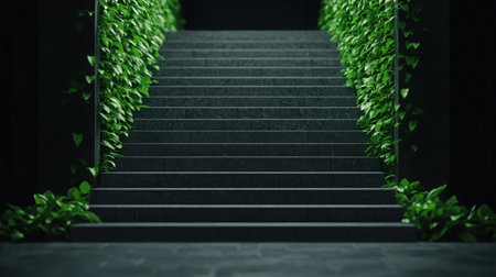 Dark stone stairs lead upward, beautifully framed by lush green plants, creating a serene atmosphere. Perfect for themes of nature and modern design.の素材