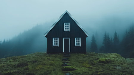 A solitary black wooden house stands in a foggy landscape, surrounded by misty trees and soft greenery, creating a serene and atmospheric scene.の素材