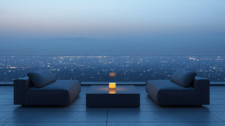 A modern balcony features cozy seating arrangements overlooking a vibrant city skyline at dusk. The serene ambiance created by soft lighting invites relaxation.の素材