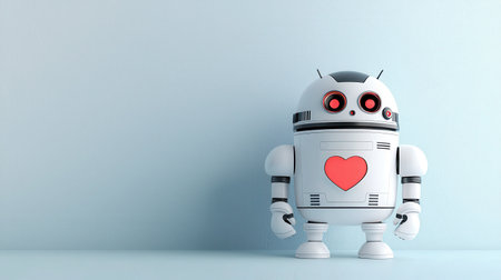 This charming robot with a heart on a soothing blue background symbolizes love and technology, making it a perfect visual for playful and innovative projects.の素材