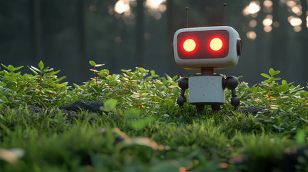 A charming robot with glowing red eyes stands in a captivating green forest, creating a whimsical atmosphere filled with rich plant life and tranquility.の素材